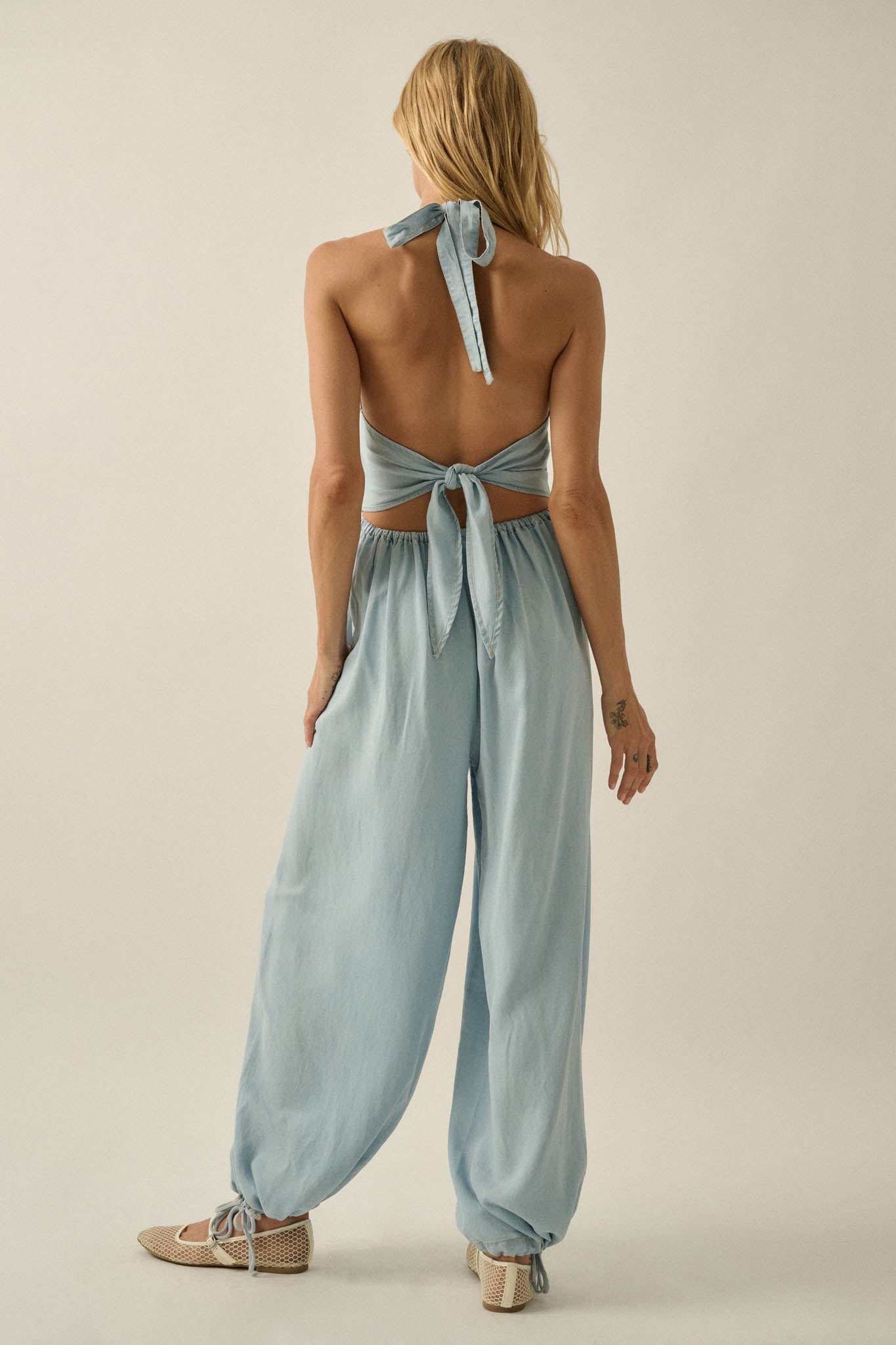 Head in the Clouds Denim Halter Balloon Jumpsuit - ShopPromesa