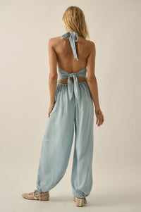 Head in the Clouds Denim Halter Balloon Jumpsuit - ShopPromesa