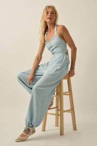 Head in the Clouds Denim Halter Balloon Jumpsuit - ShopPromesa
