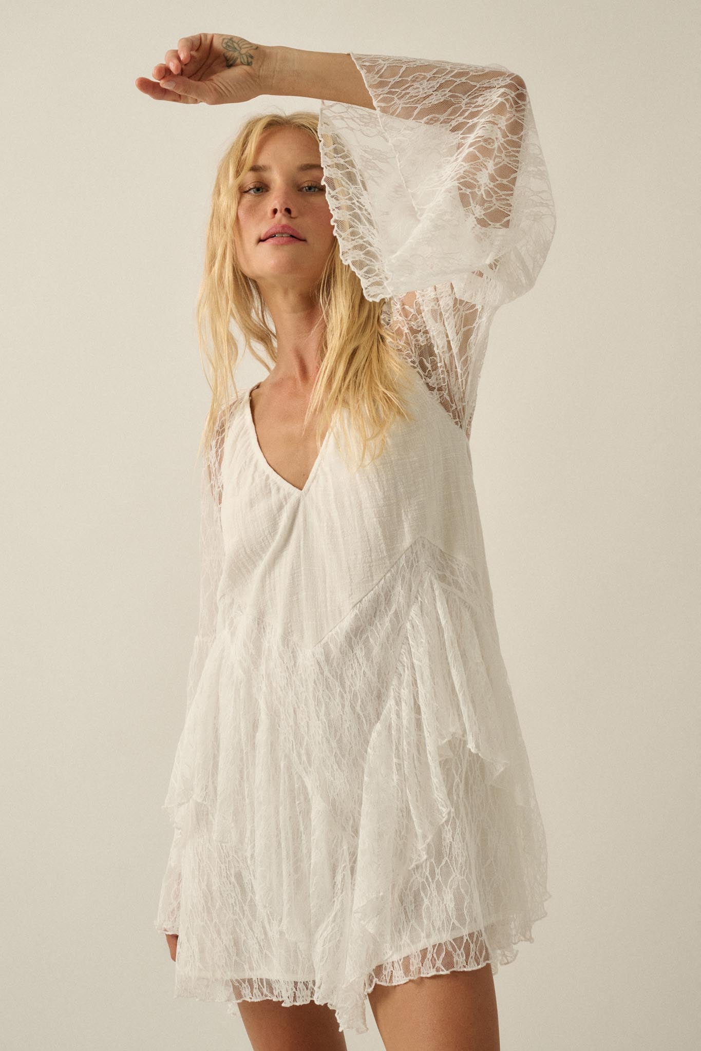 Morning Whisper Ruffled Lace Bell-Sleeve Romper - ShopPromesa