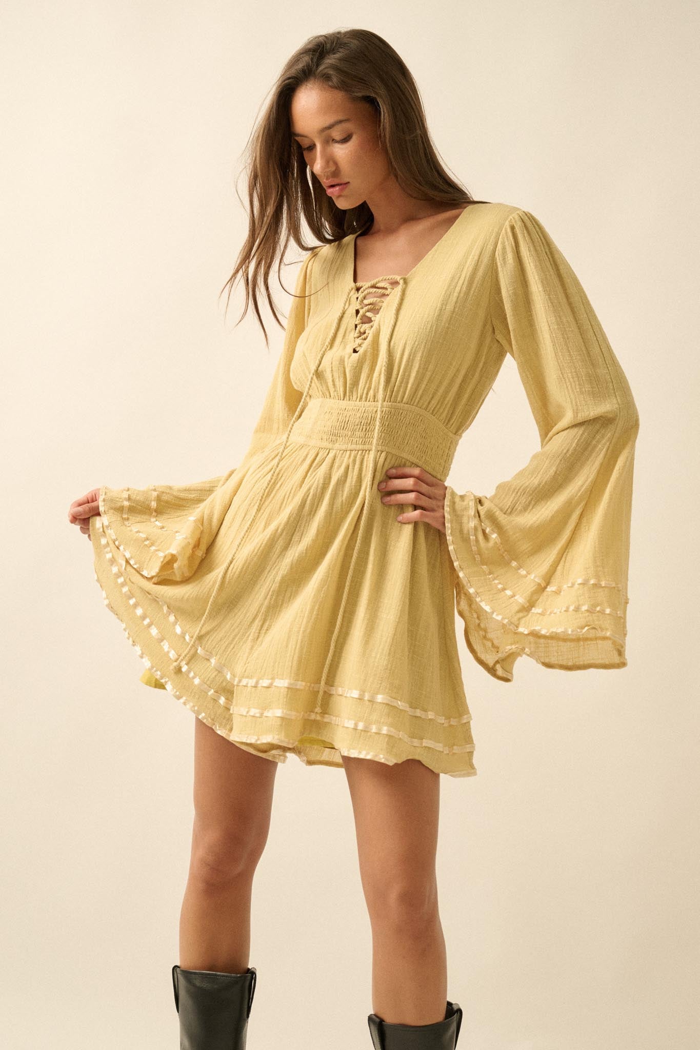 Feeling Free Cotton Lace-Up Bell-Sleeve Romper - ShopPromesa