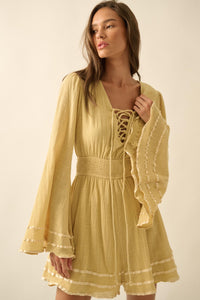 Feeling Free Cotton Lace-Up Bell-Sleeve Romper - ShopPromesa