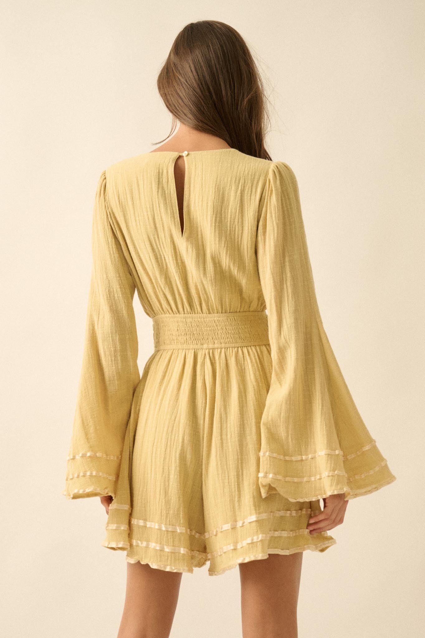 Feeling Free Cotton Lace-Up Bell-Sleeve Romper - ShopPromesa