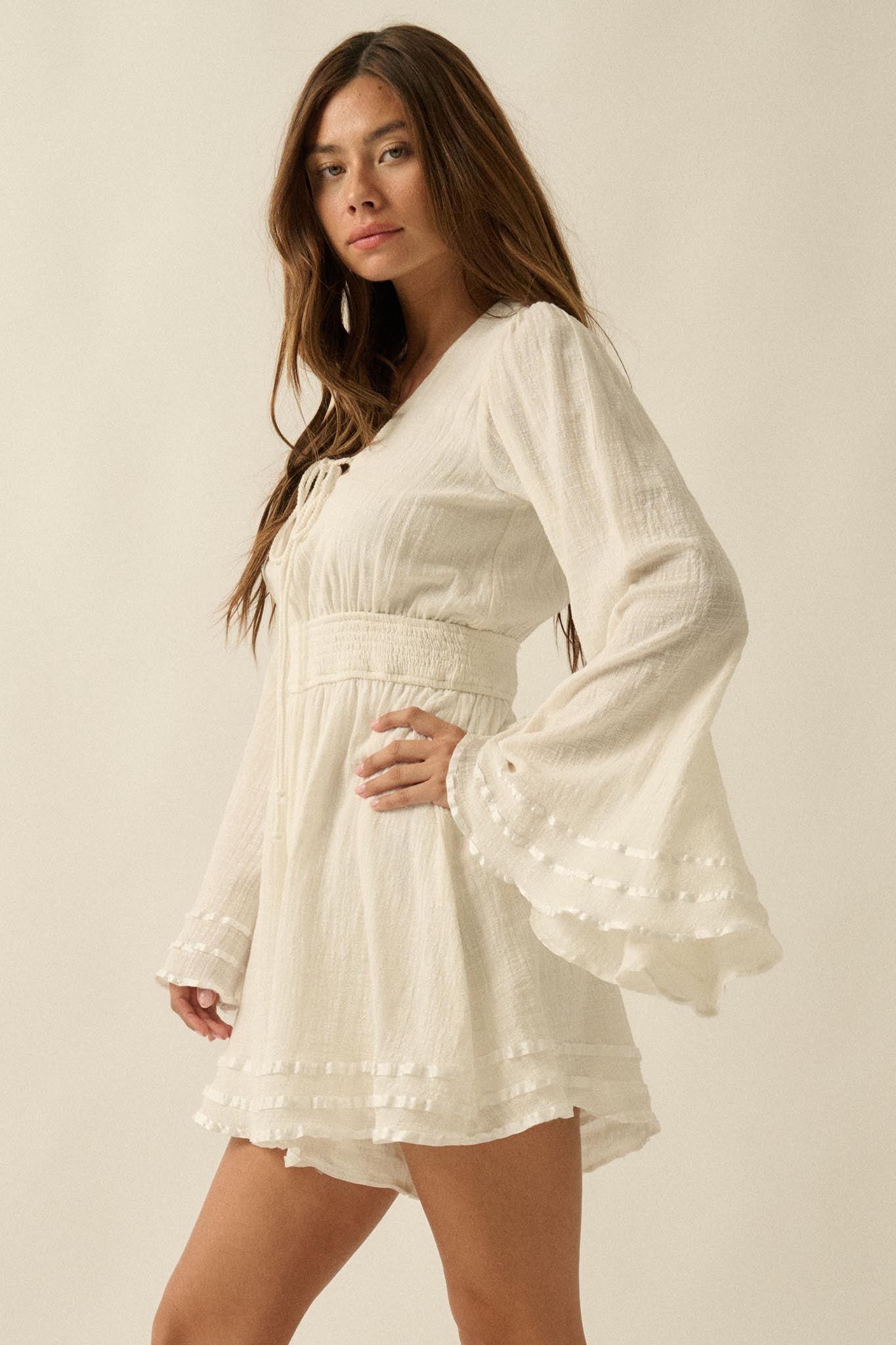 Feeling Free Cotton Lace-Up Bell-Sleeve Romper - ShopPromesa