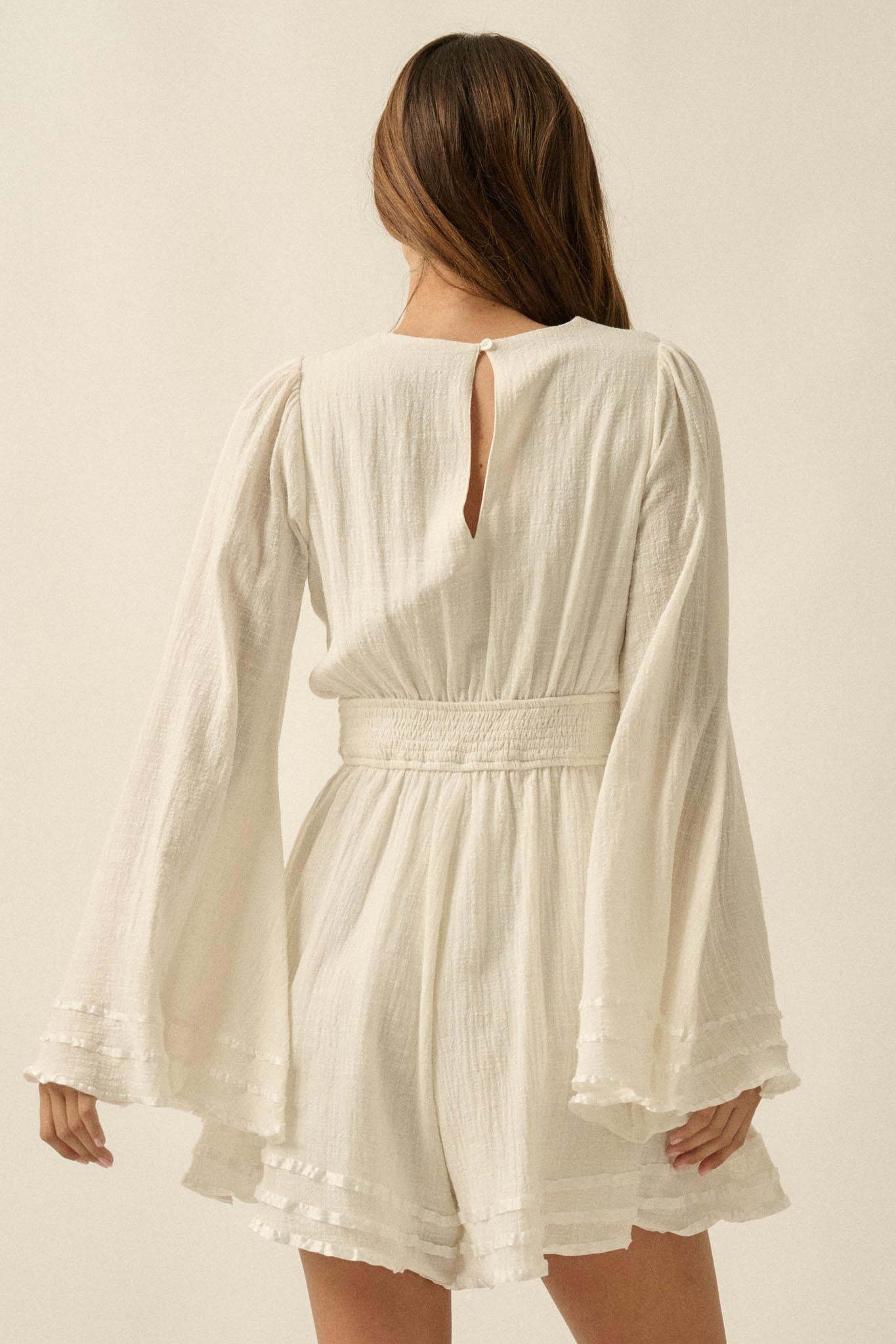 Feeling Free Cotton Lace-Up Bell-Sleeve Romper - ShopPromesa
