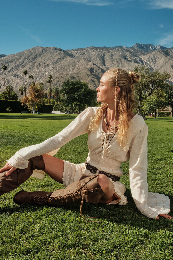 Feeling Free Cotton Lace-Up Bell-Sleeve Romper - ShopPromesa