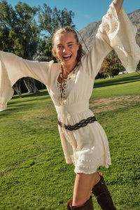 Feeling Free Cotton Lace-Up Bell-Sleeve Romper - ShopPromesa