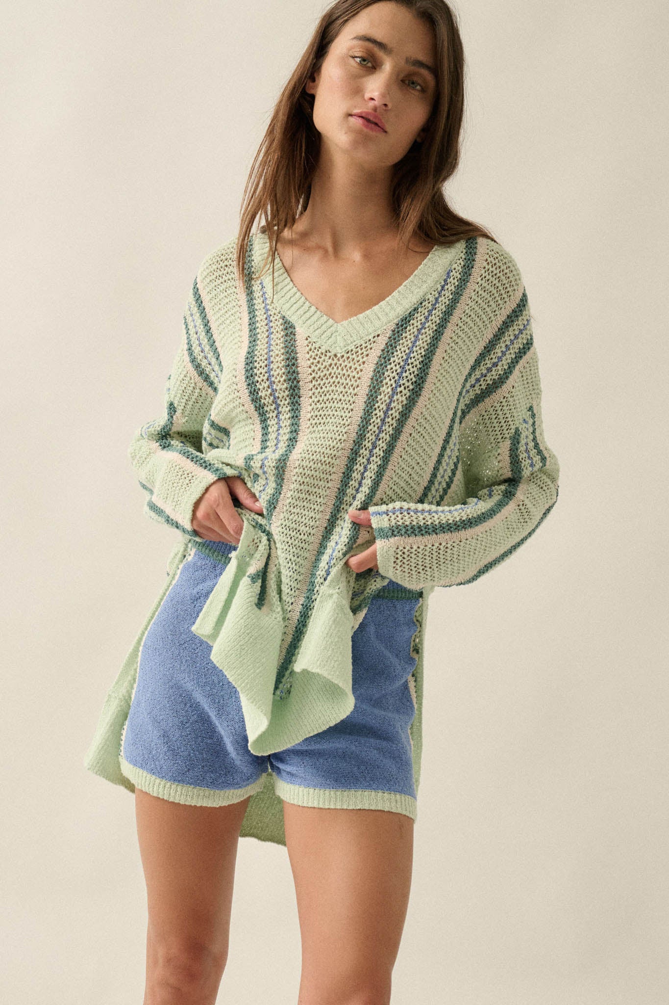 High Tide Stripe-Detail Knit Sweater Shorts - ShopPromesa