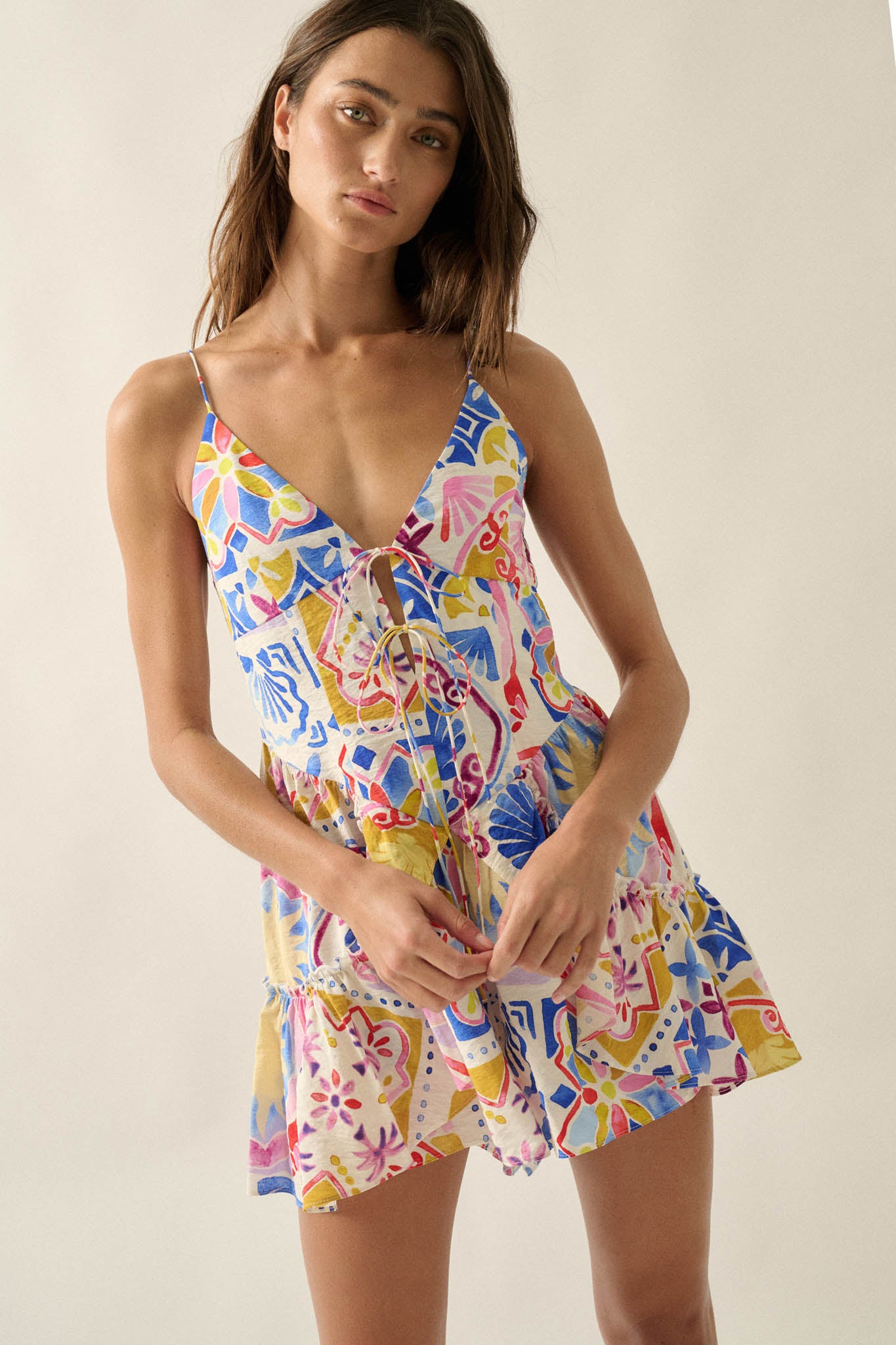 Barcelona Beauty Tile-Print Ruffle Tie-Front Romper - ShopPromesa