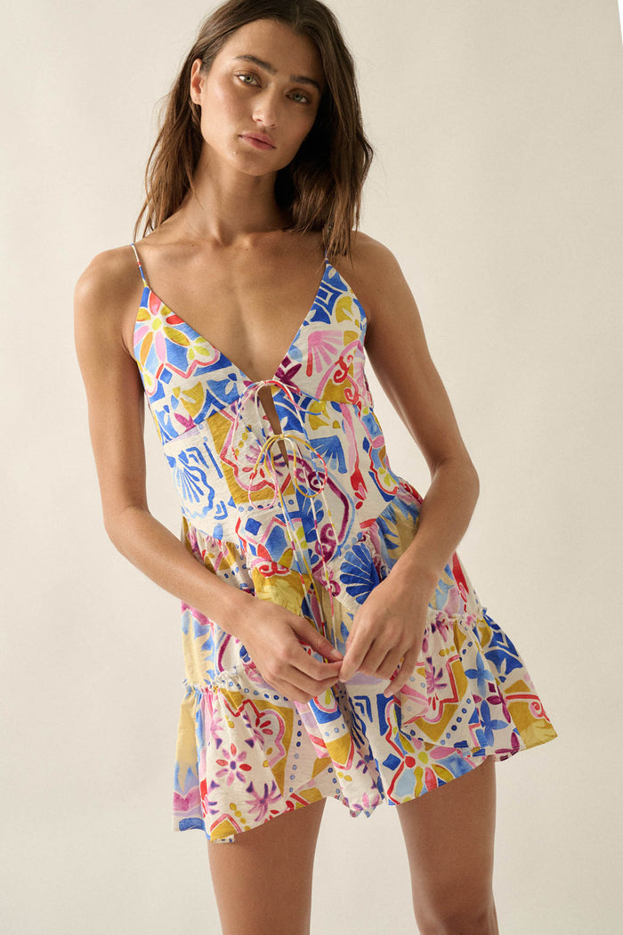 Barcelona Beauty Tile-Print Ruffle Tie-Front Romper - ShopPromesa