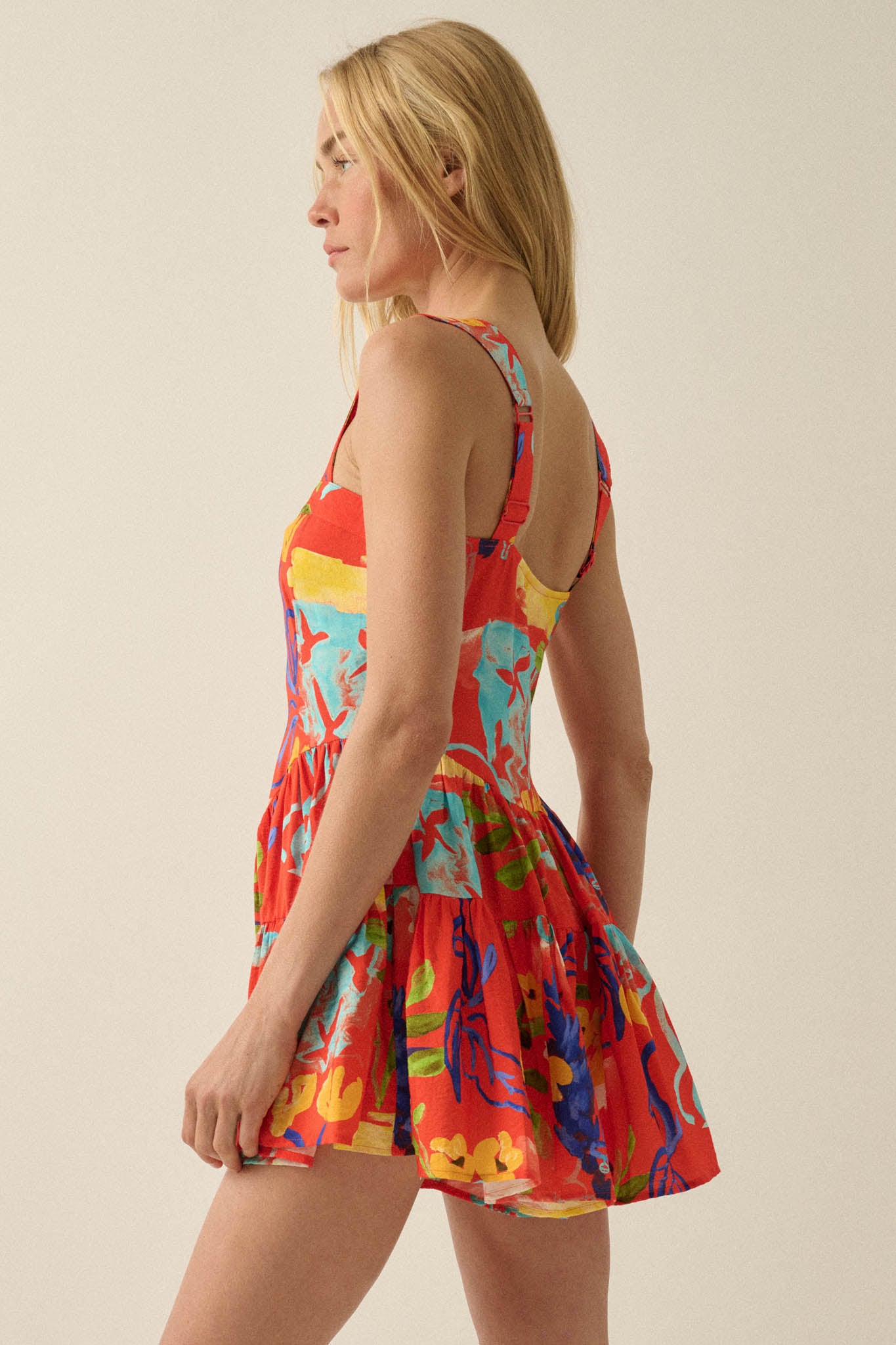 Abstract Stems Floral Tiered Ruffle Sweetheart Romper - ShopPromesa