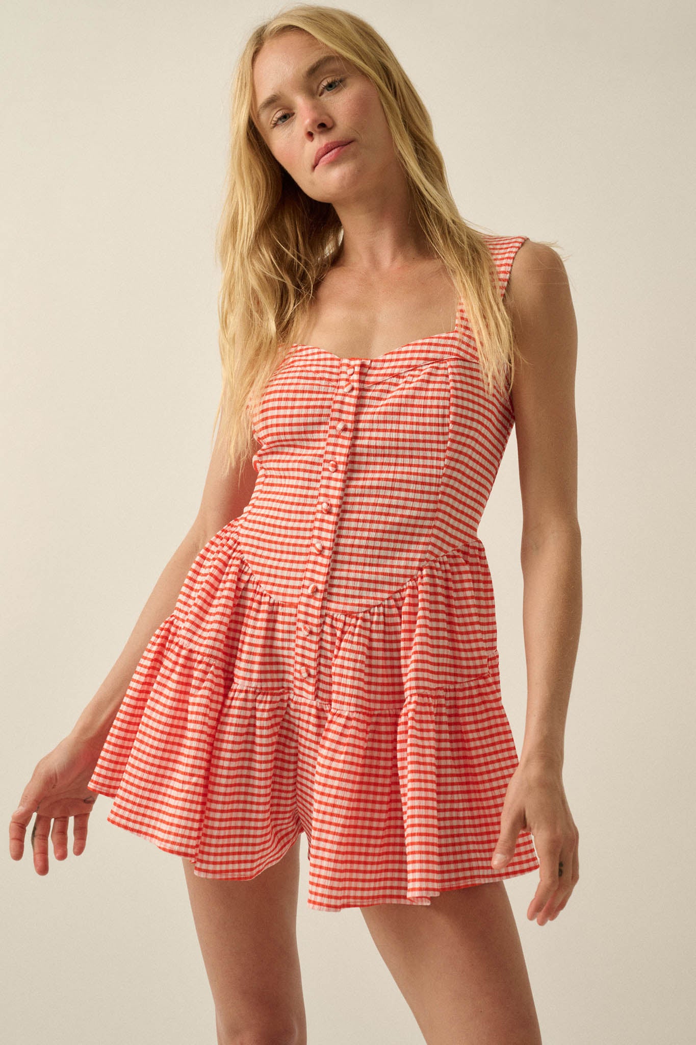 Sugar High Gingham Tiered Ruffle Sweetheart Romper - ShopPromesa