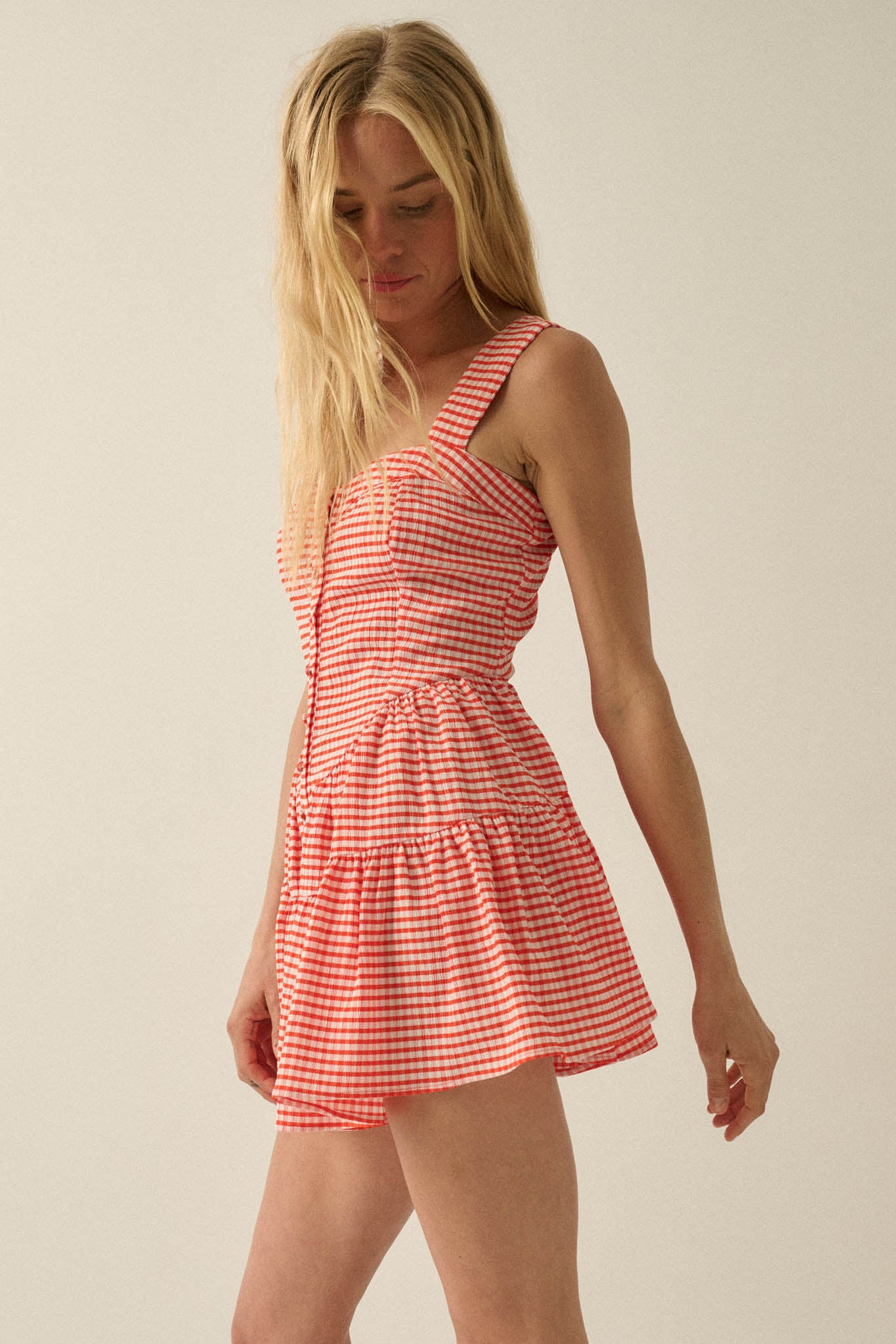 Sugar High Gingham Tiered Ruffle Sweetheart Romper - ShopPromesa