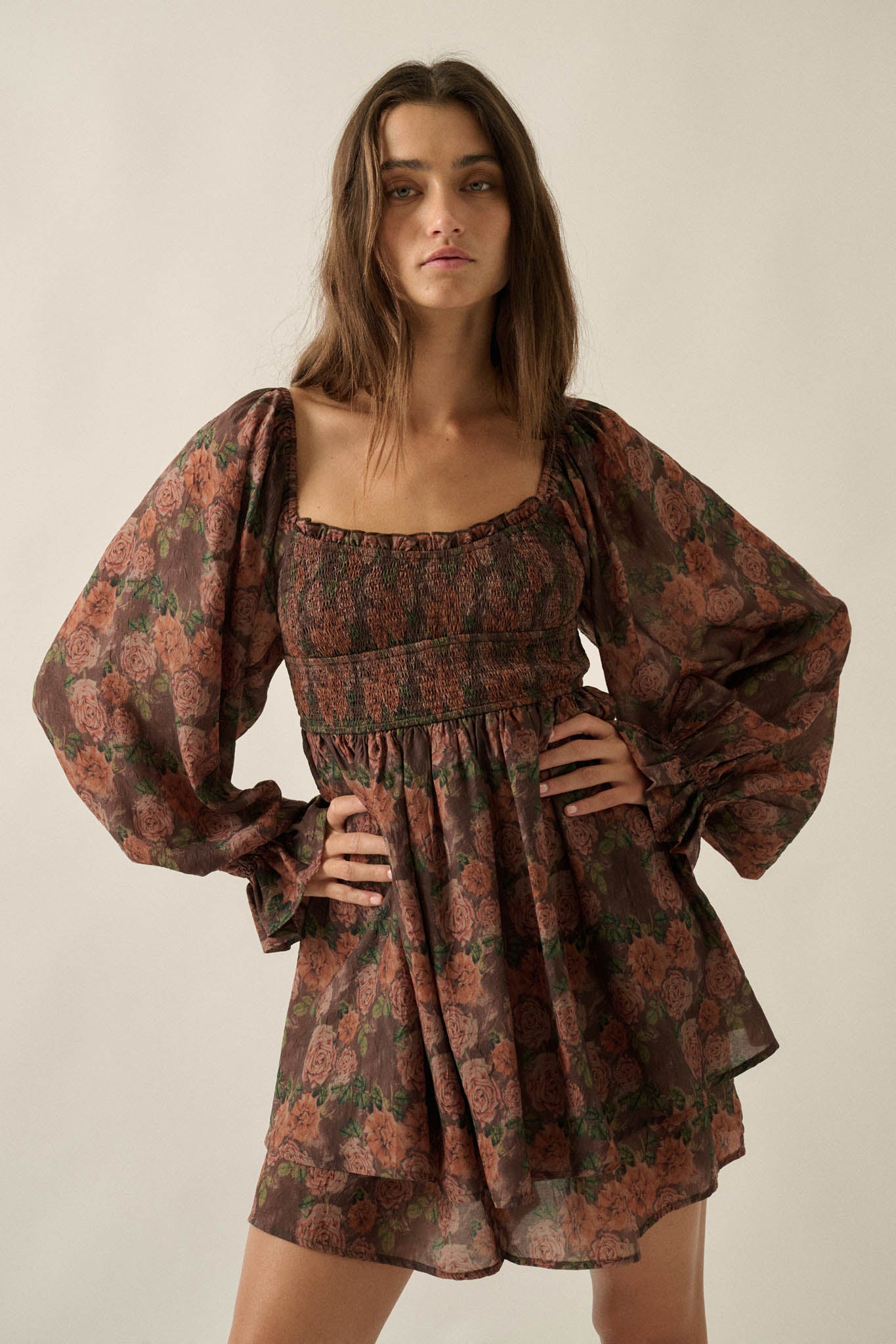 Secret Rose Floral Chiffon Smocked Peasant Romper - ShopPromesa