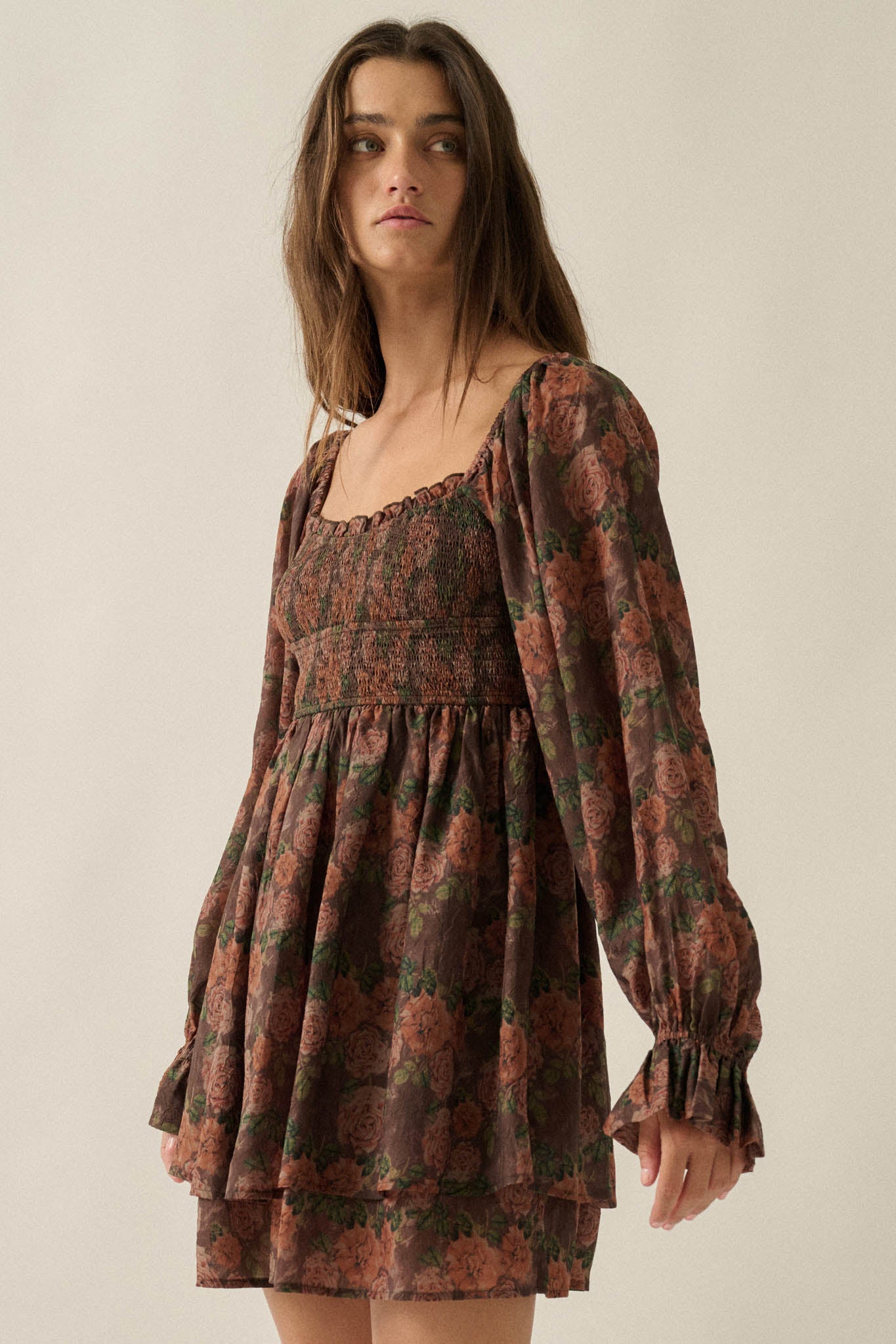 Secret Rose Floral Chiffon Smocked Peasant Romper - ShopPromesa