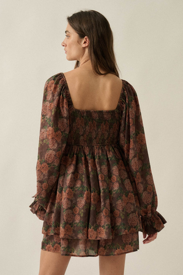 Secret Rose Floral Chiffon Smocked Peasant Romper - ShopPromesa