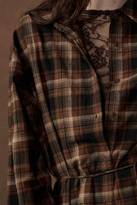Breaking Plaid Button-Up Belted Shirt Romper - ShopPromesa