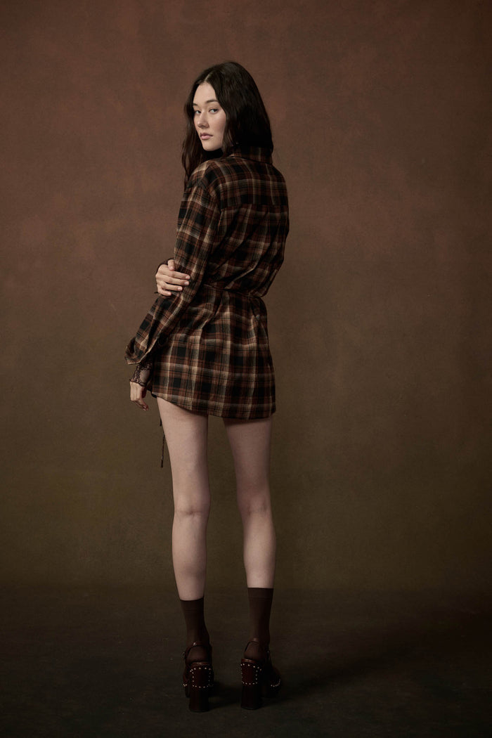 Breaking Plaid Button-Up Belted Shirt Romper - ShopPromesa