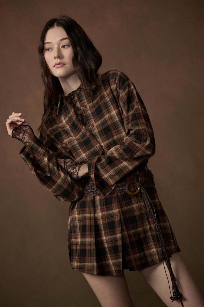 Breaking Plaid Button-Up Belted Shirt Romper - ShopPromesa
