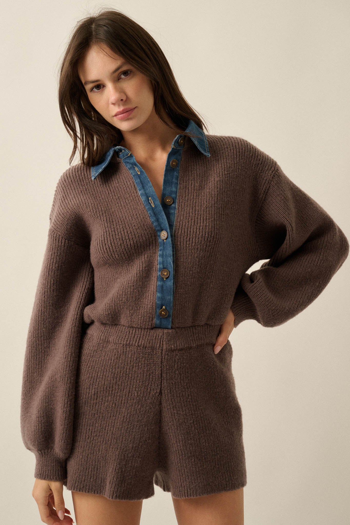 Easy Life Denim-Trim Collared Sweater Romper - ShopPromesa