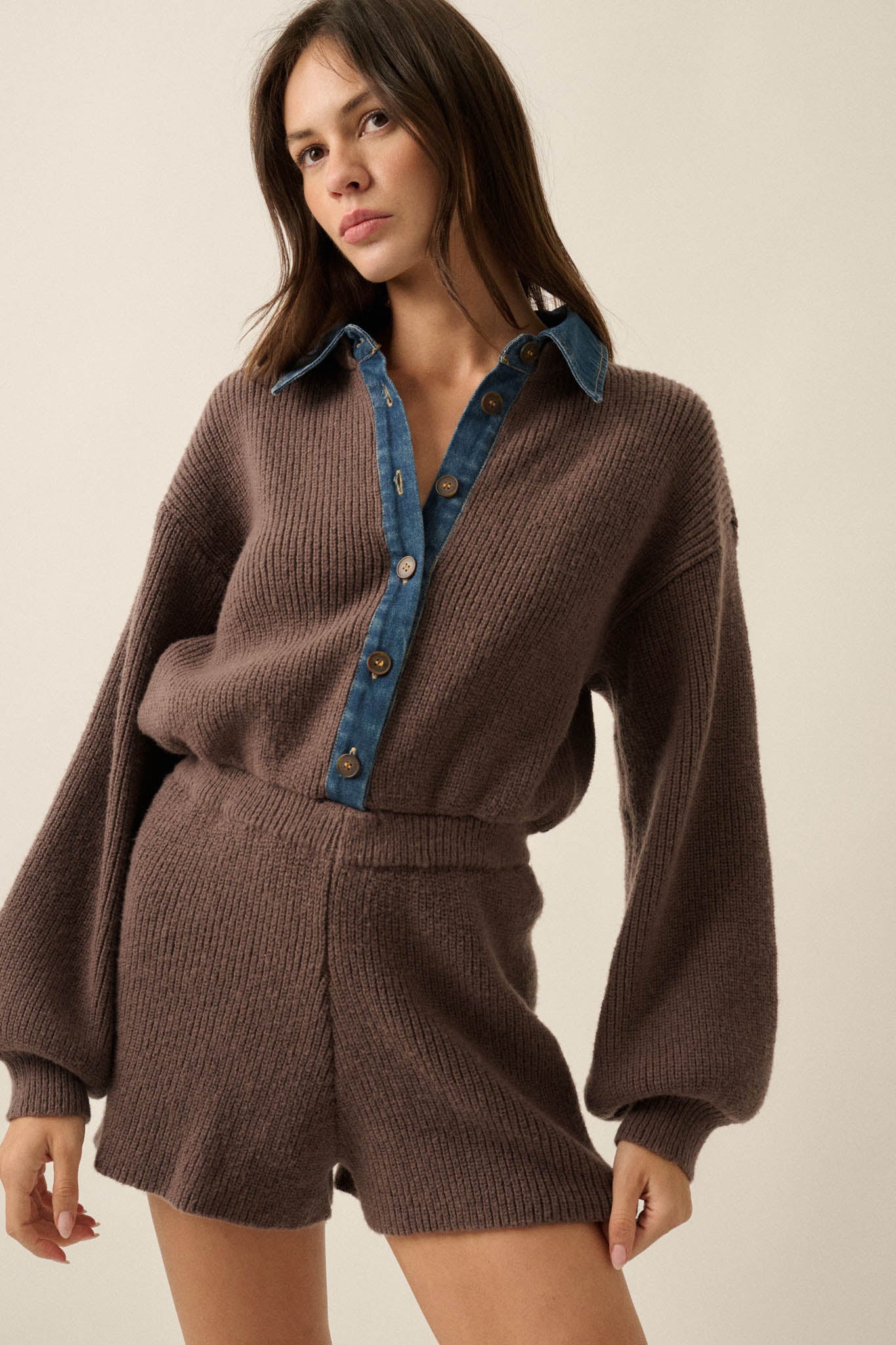 Easy Life Denim-Trim Collared Sweater Romper - ShopPromesa