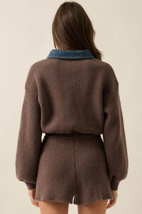 Easy Life Denim-Trim Collared Sweater Romper - ShopPromesa