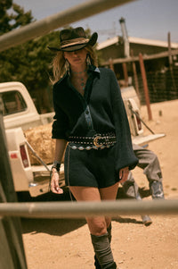 Easy Life Denim-Trim Collared Sweater Romper - ShopPromesa