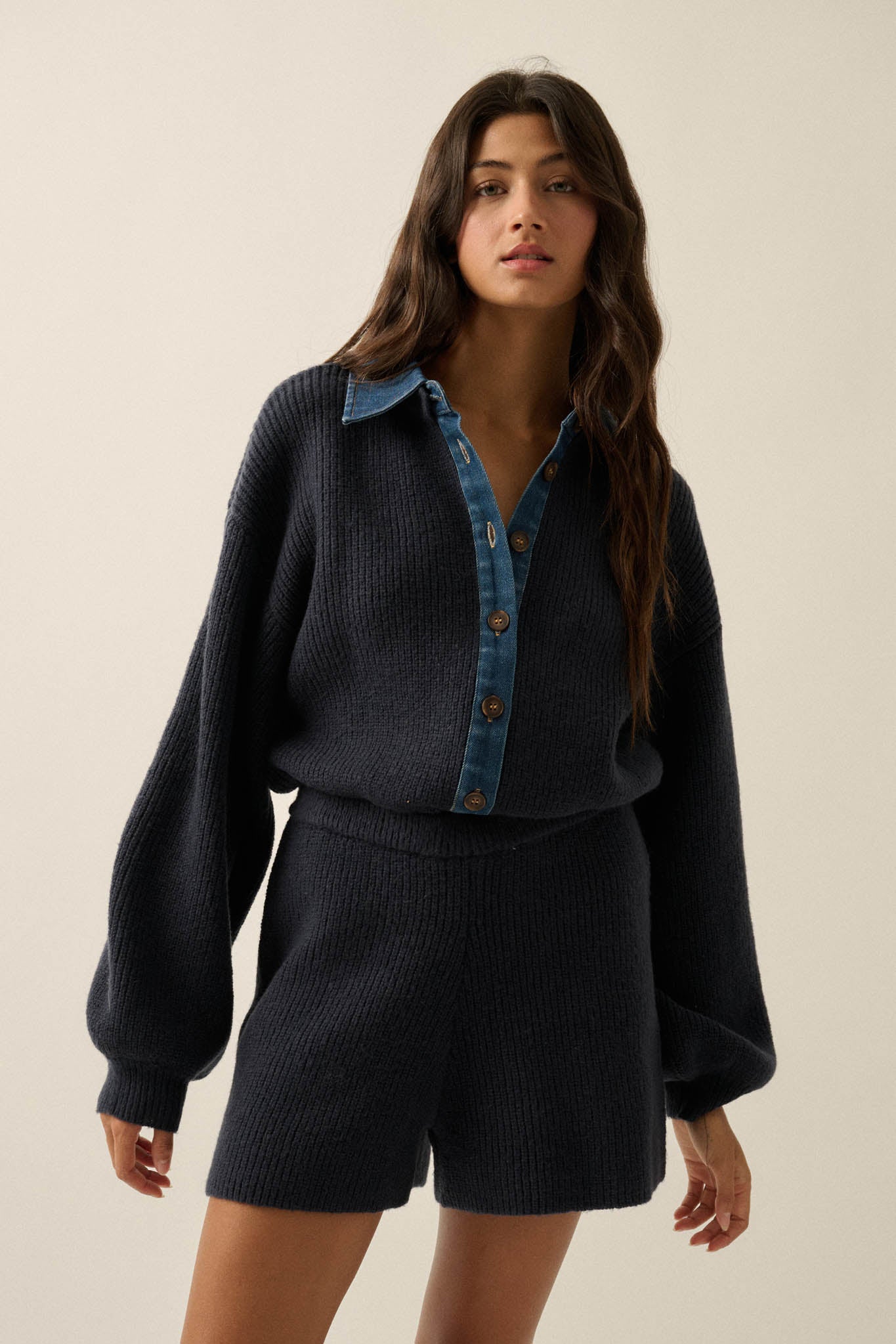 Easy Life Denim-Trim Collared Sweater Romper - ShopPromesa