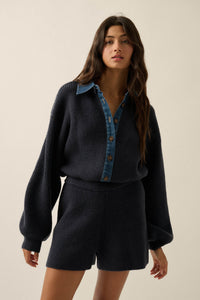 Easy Life Denim-Trim Collared Sweater Romper - ShopPromesa