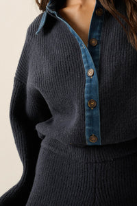 Easy Life Denim-Trim Collared Sweater Romper - ShopPromesa