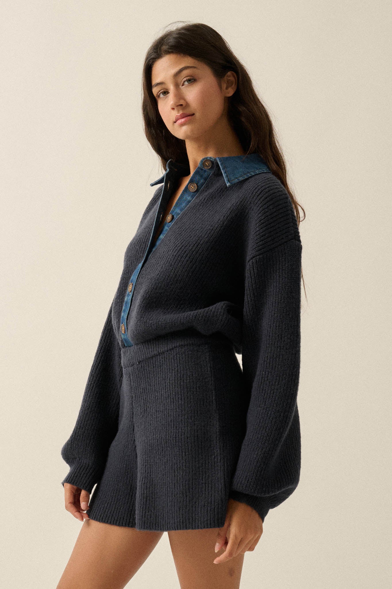 Easy Life Denim-Trim Collared Sweater Romper - ShopPromesa