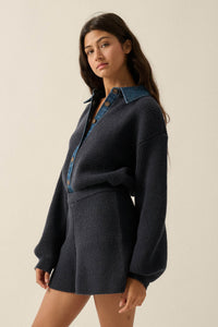 Easy Life Denim-Trim Collared Sweater Romper - ShopPromesa