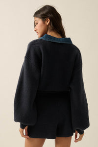 Easy Life Denim-Trim Collared Sweater Romper - ShopPromesa