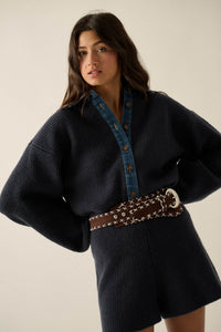 Easy Life Denim-Trim Collared Sweater Romper - ShopPromesa