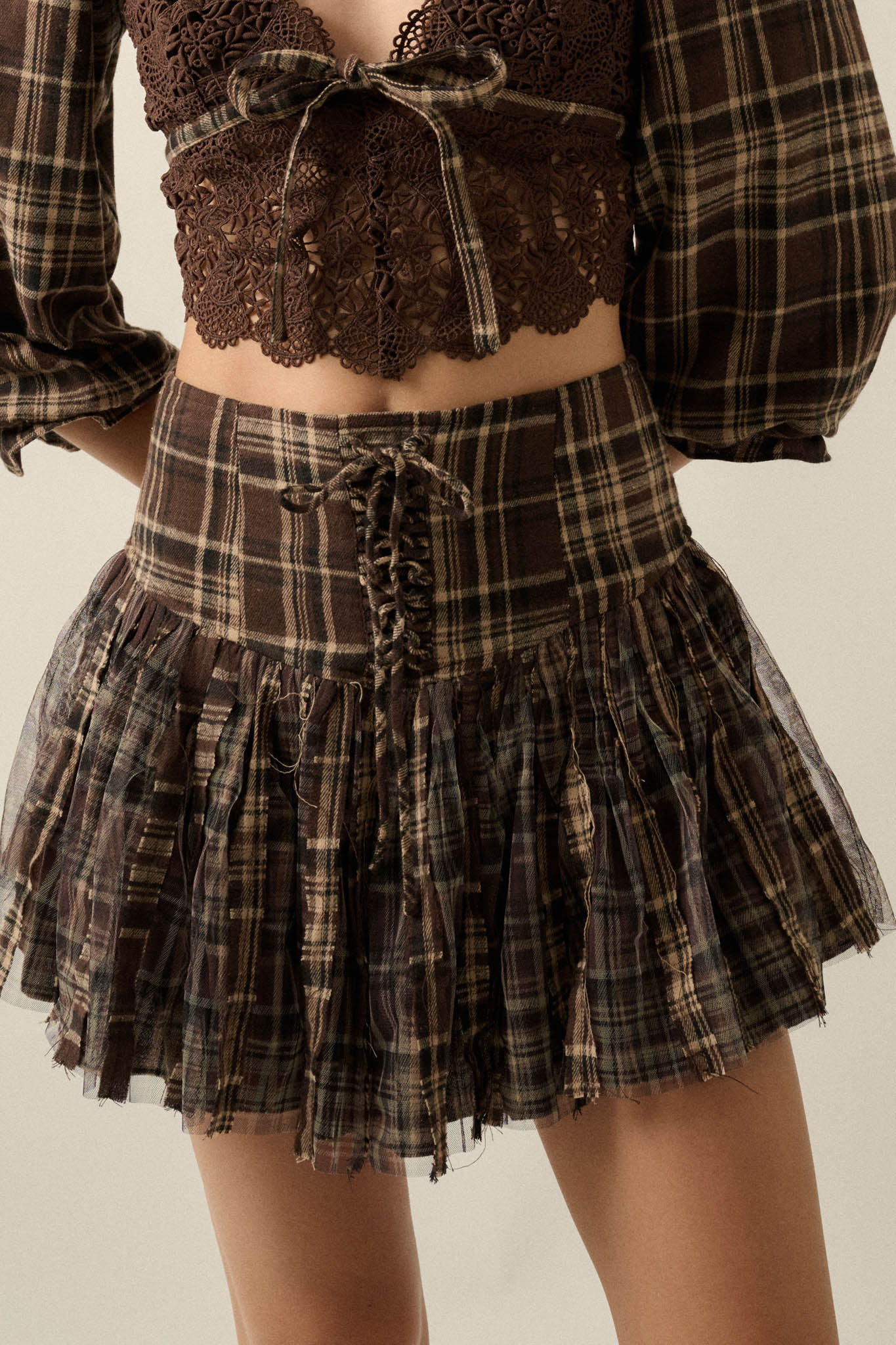 County Road Plaid and Tulle Drop-Waist Mini Skort - ShopPromesa