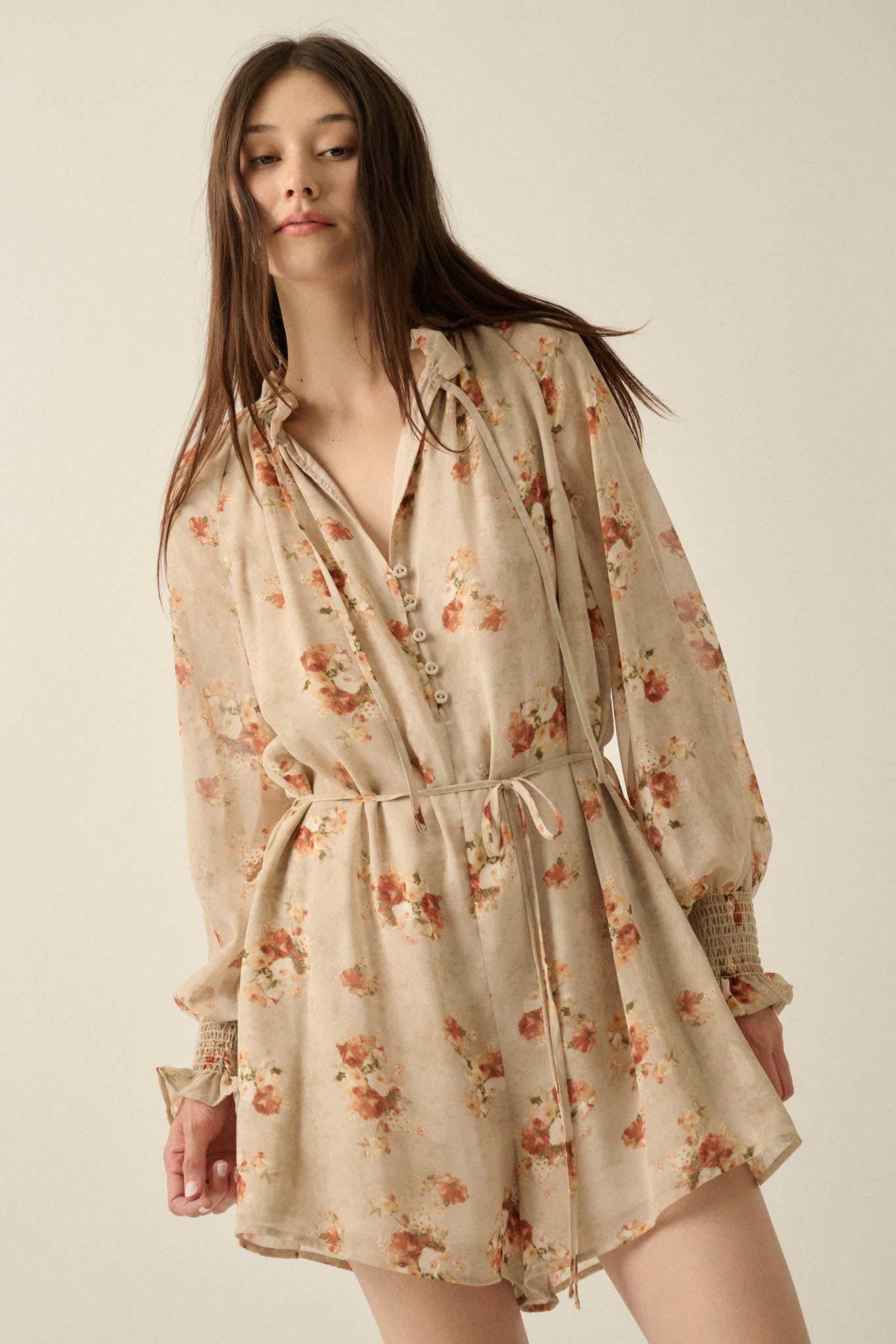 Flowering Fall Floral Chiffon Bishop-Sleeve Romper - ShopPromesa