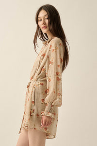 Flowering Fall Floral Chiffon Bishop-Sleeve Romper - ShopPromesa
