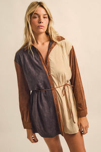 Triple Dare Vegan Suede Colorblock Shirt Romper - ShopPromesa