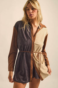Triple Dare Vegan Suede Colorblock Shirt Romper - ShopPromesa