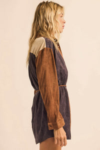 Triple Dare Vegan Suede Colorblock Shirt Romper - ShopPromesa