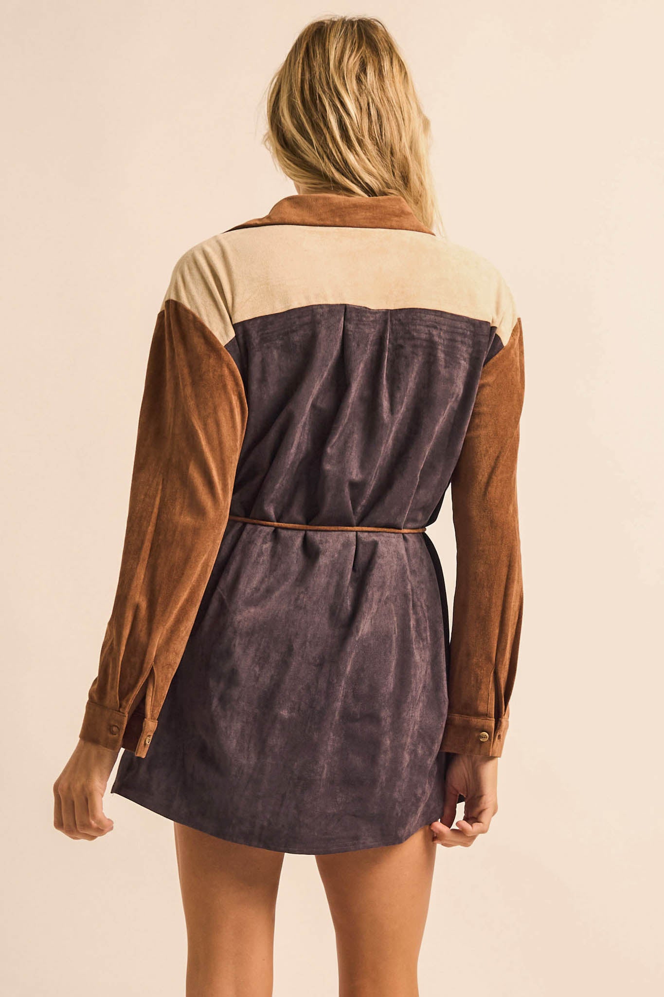 Triple Dare Vegan Suede Colorblock Shirt Romper - ShopPromesa