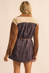 Triple Dare Vegan Suede Colorblock Shirt Romper - ShopPromesa