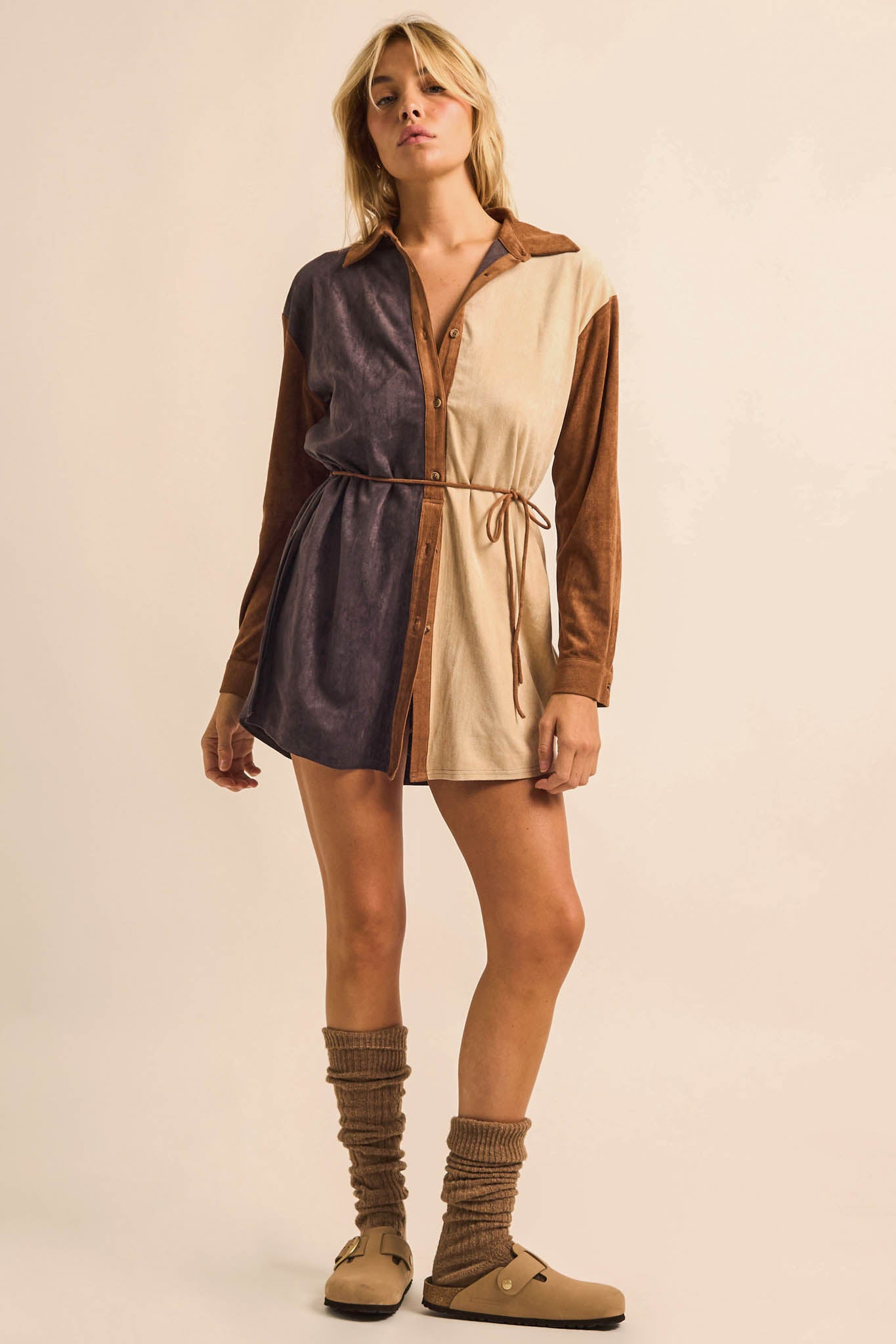 Triple Dare Vegan Suede Colorblock Shirt Romper - ShopPromesa