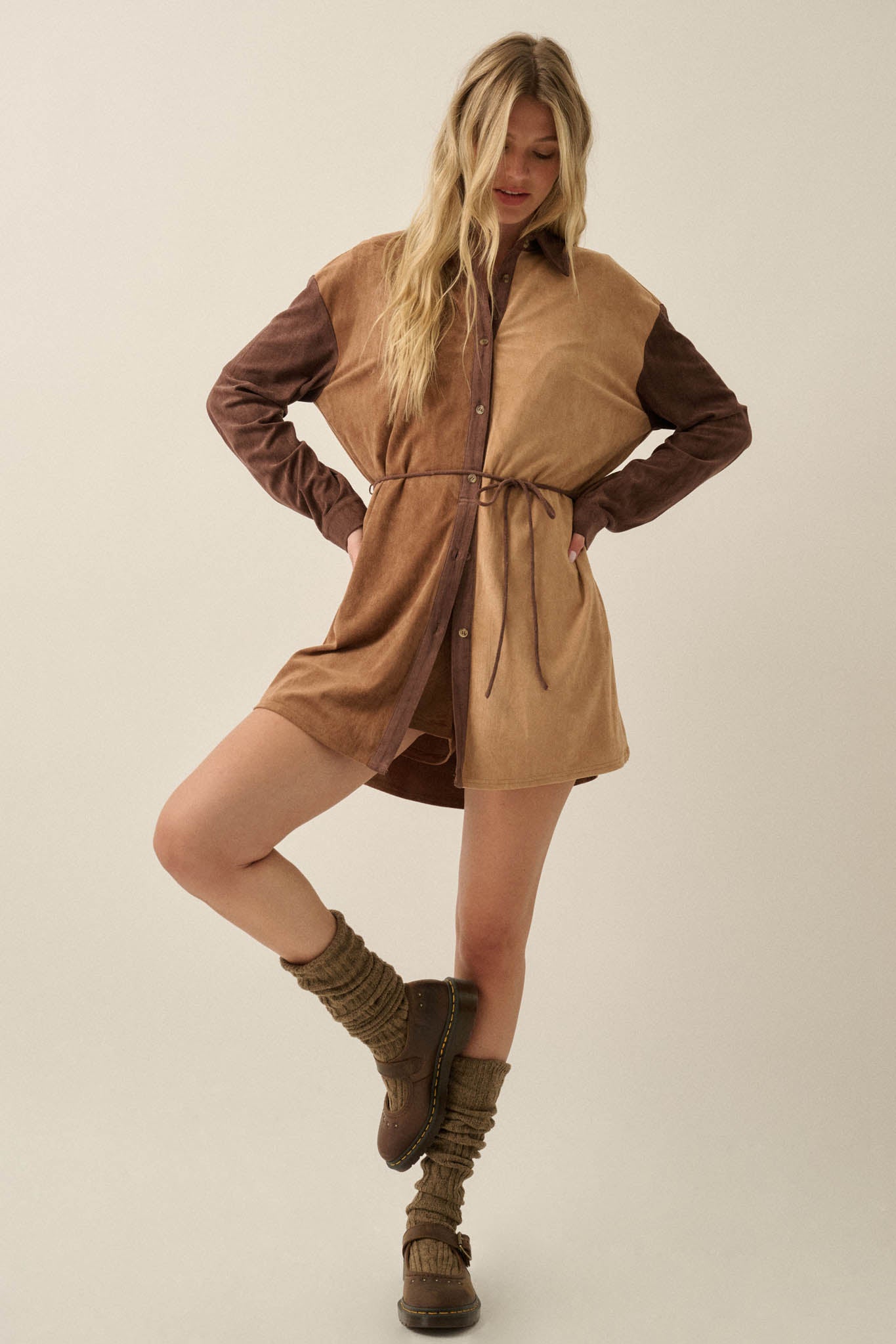 Triple Dare Vegan Suede Colorblock Shirt Romper - ShopPromesa