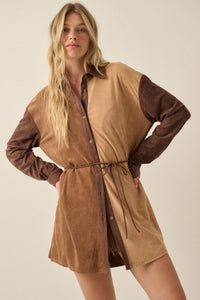 Triple Dare Vegan Suede Colorblock Shirt Romper - ShopPromesa