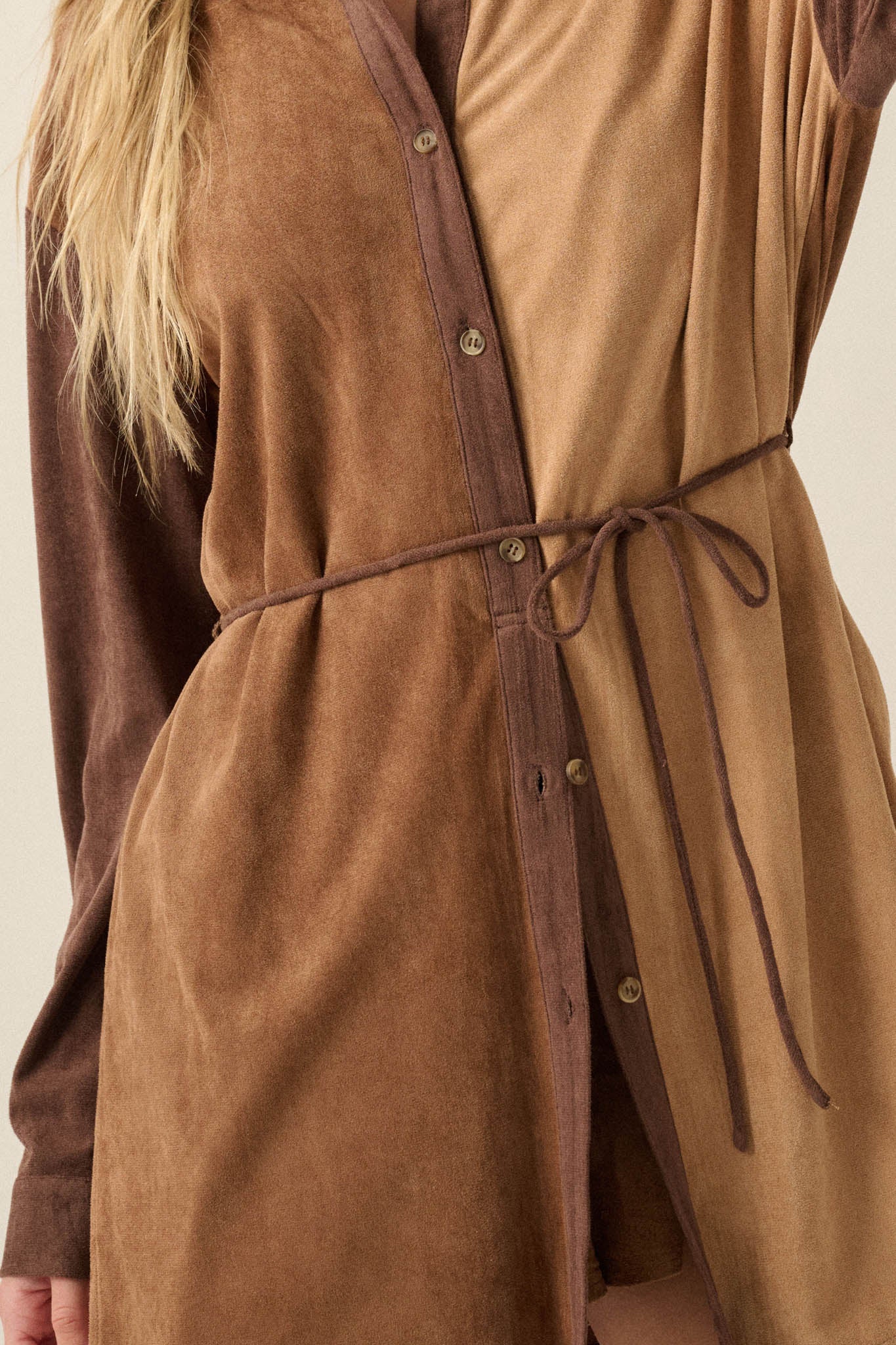 Triple Dare Vegan Suede Colorblock Shirt Romper - ShopPromesa