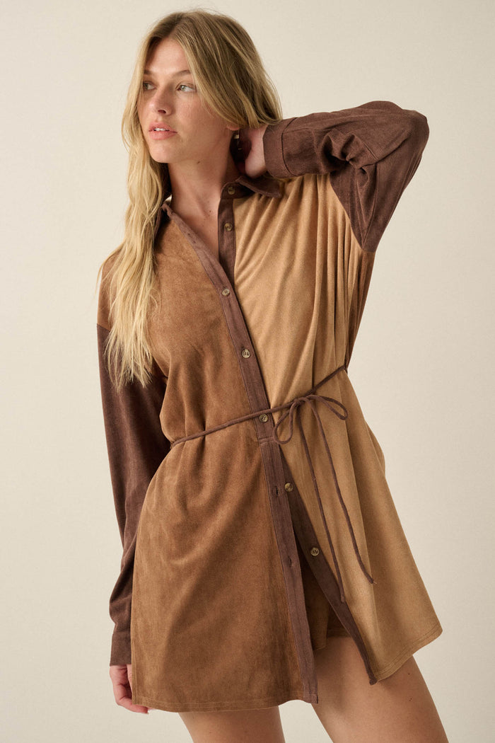 Triple Dare Vegan Suede Colorblock Shirt Romper - ShopPromesa