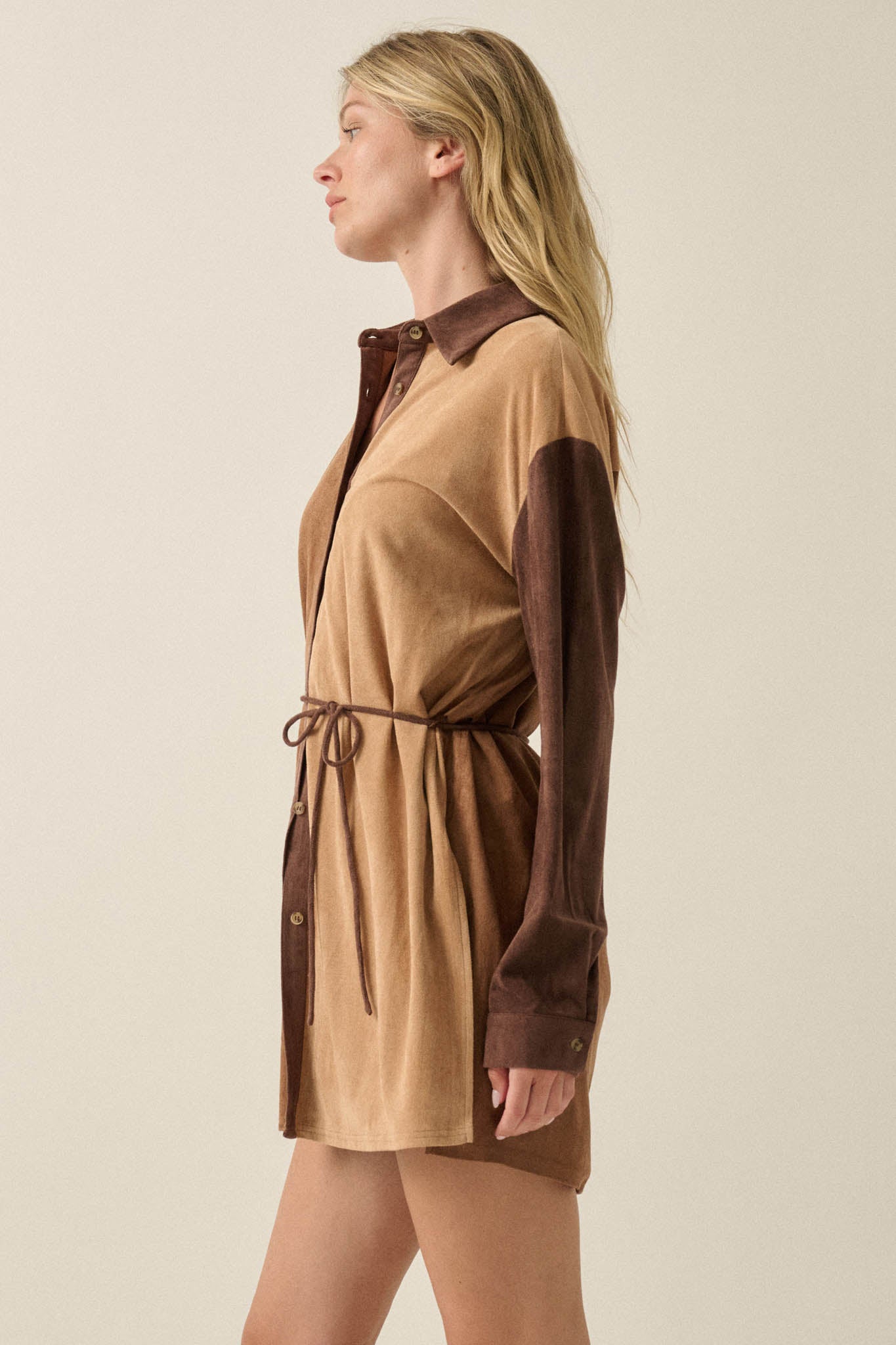 Triple Dare Vegan Suede Colorblock Shirt Romper - ShopPromesa