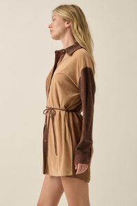 Triple Dare Vegan Suede Colorblock Shirt Romper - ShopPromesa