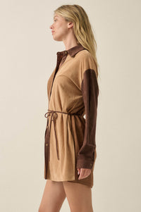 Triple Dare Vegan Suede Colorblock Shirt Romper - ShopPromesa